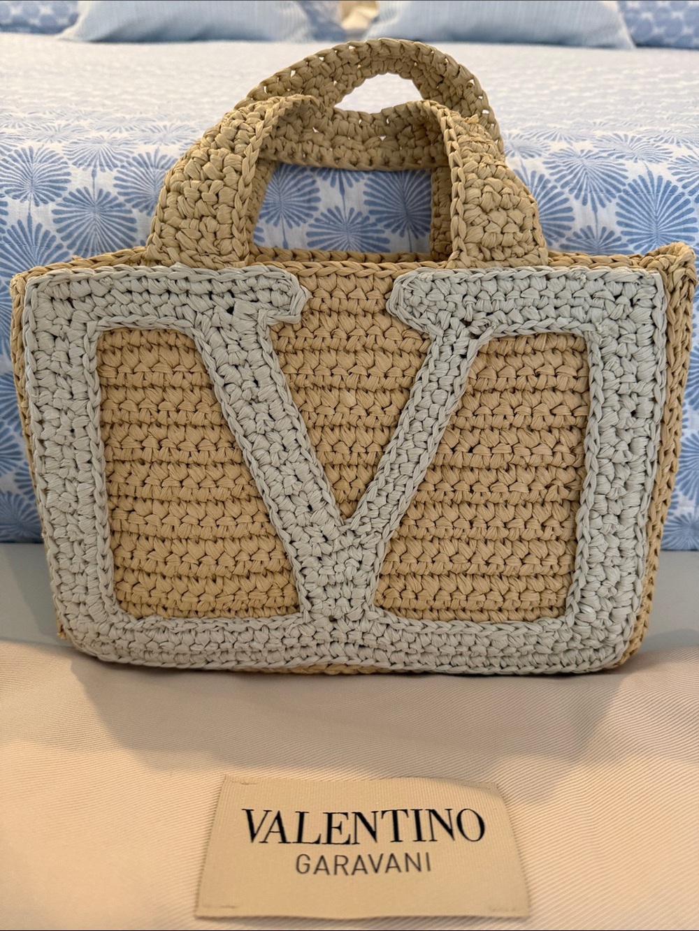 Valentino Garavani Two-Tone Crochet V Tote in Beige and Cream